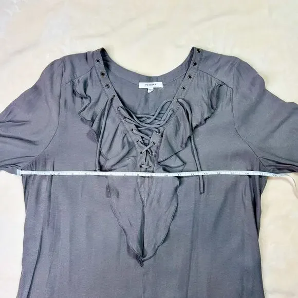 Pleione Ruffled Tied Tunic Blouse Gray Women’s Small Regency Shirttail Hem - Picture 6 of 16
